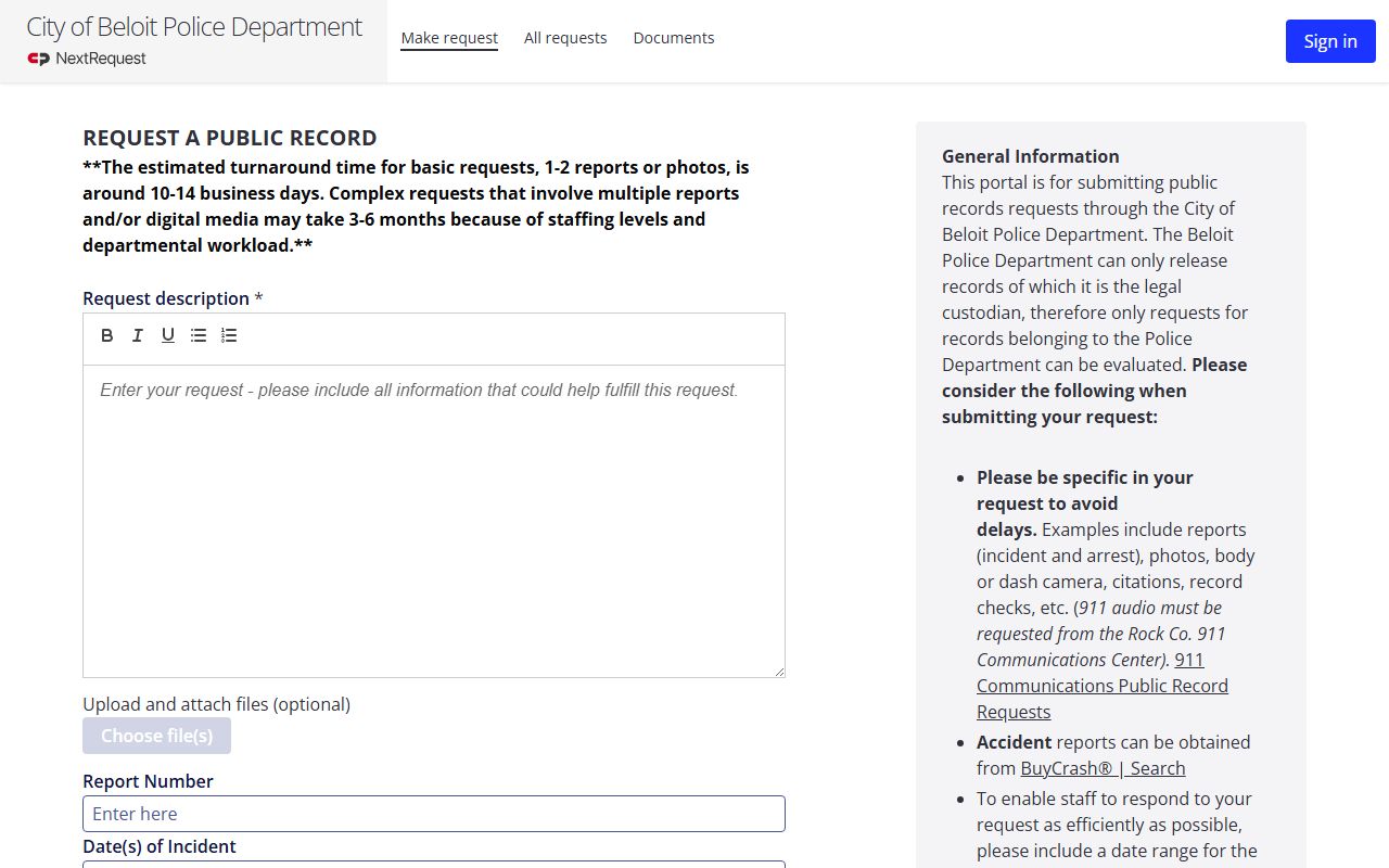 Beloit Police Blotter new records request page