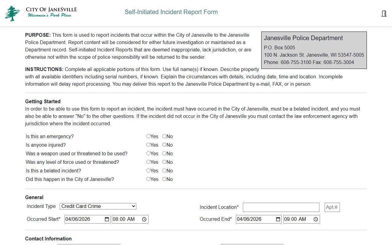 Janesville Police Blotter incident report form