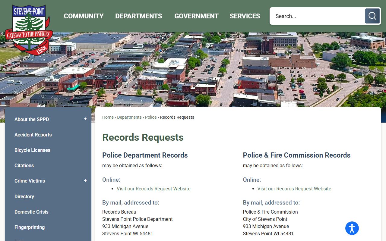 Stevens Point Police Blotter records request page