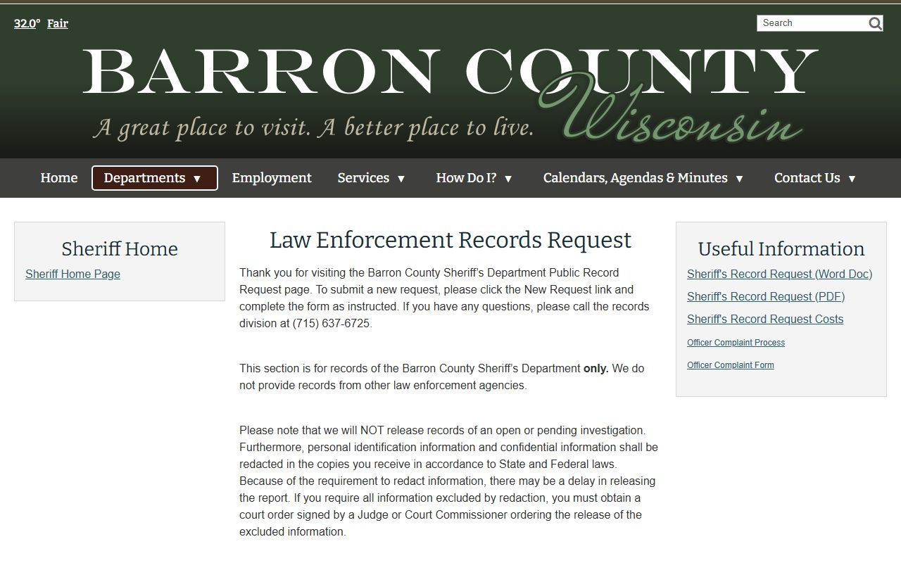 Barron County Police Blotter records request page