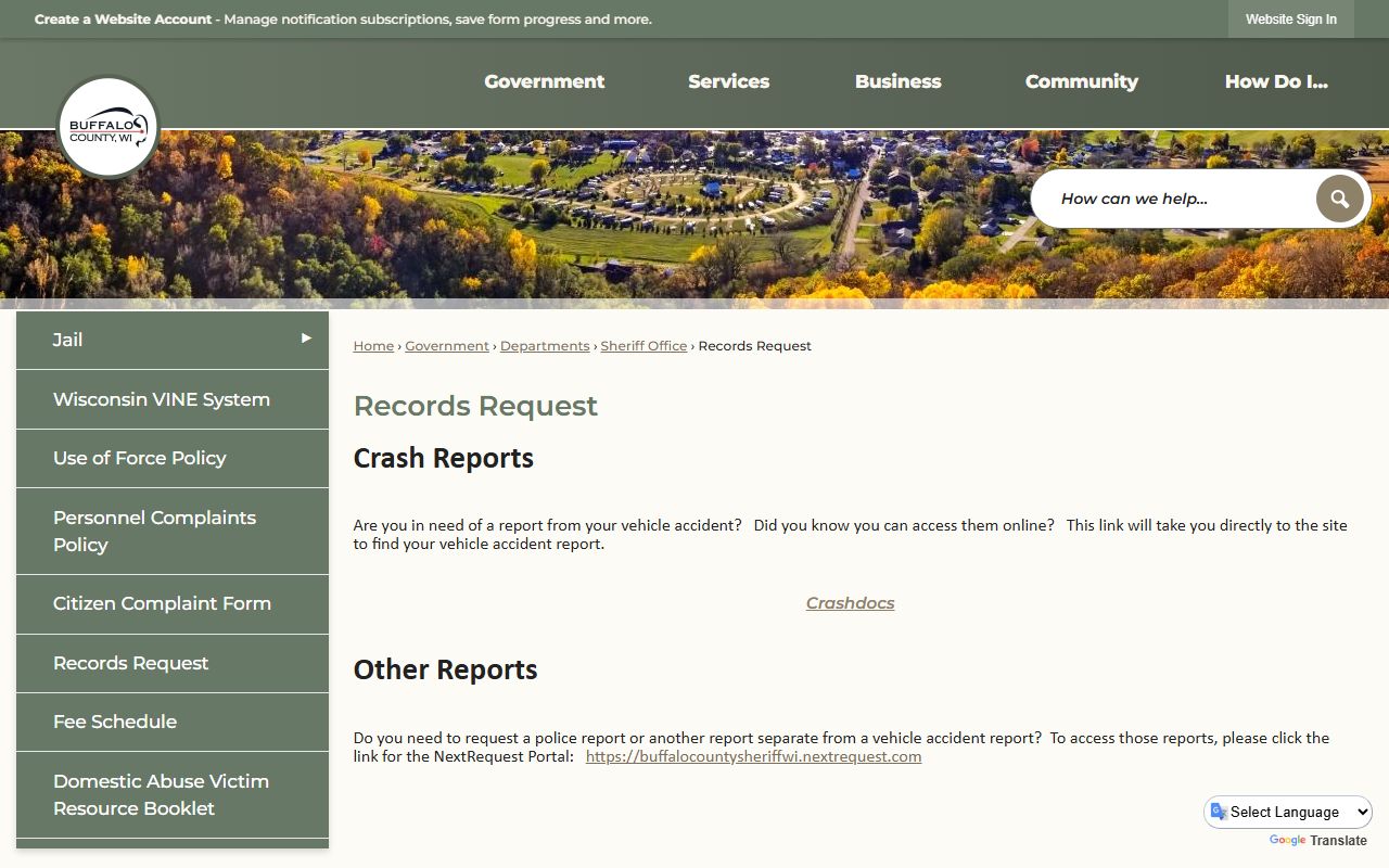 Buffalo County Police Blotter records request page