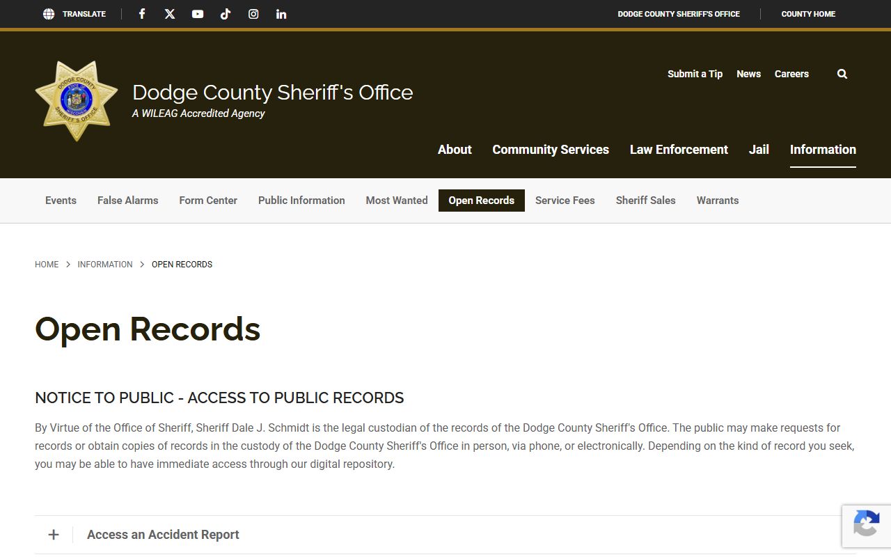 Dodge County Police Blotter open records page