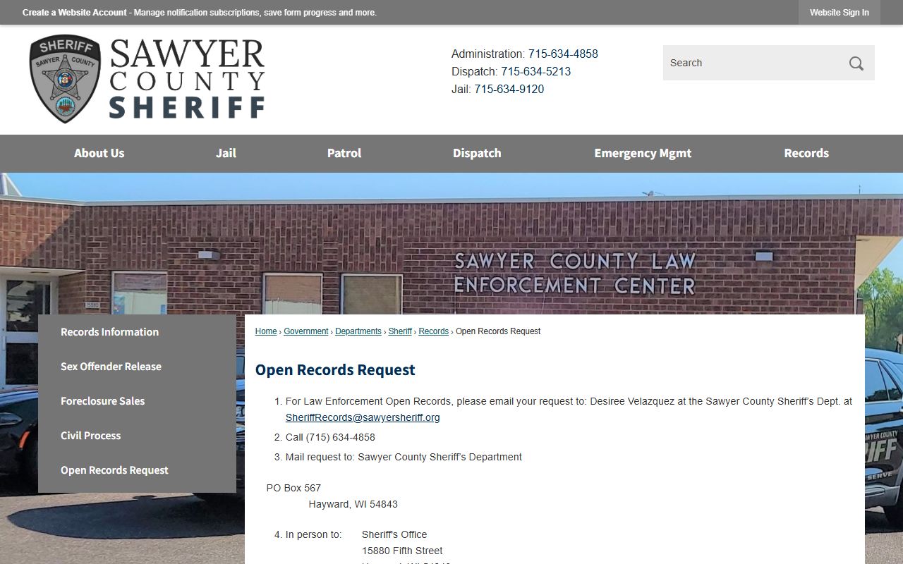 Sawyer County Police Blotter open records request source