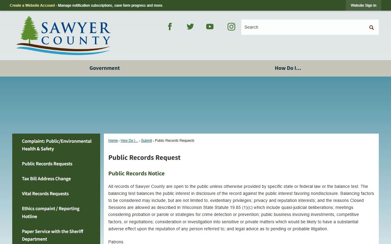 Sawyer County Police Blotter public records request source