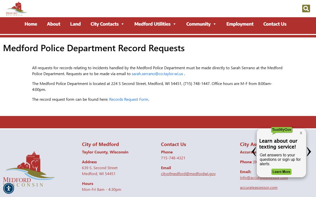 Taylor County Police Blotter at the Medford police records page