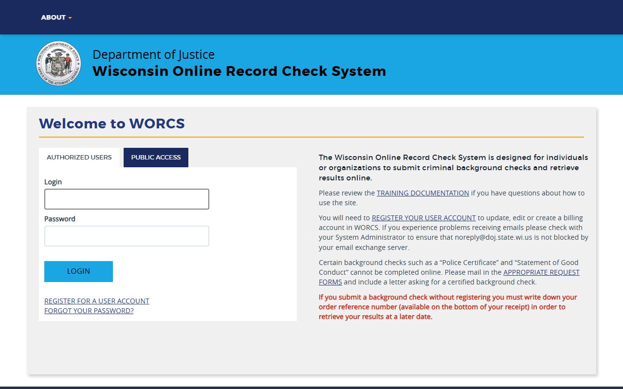 Wisconsin Police Blotter and WORCS record check system